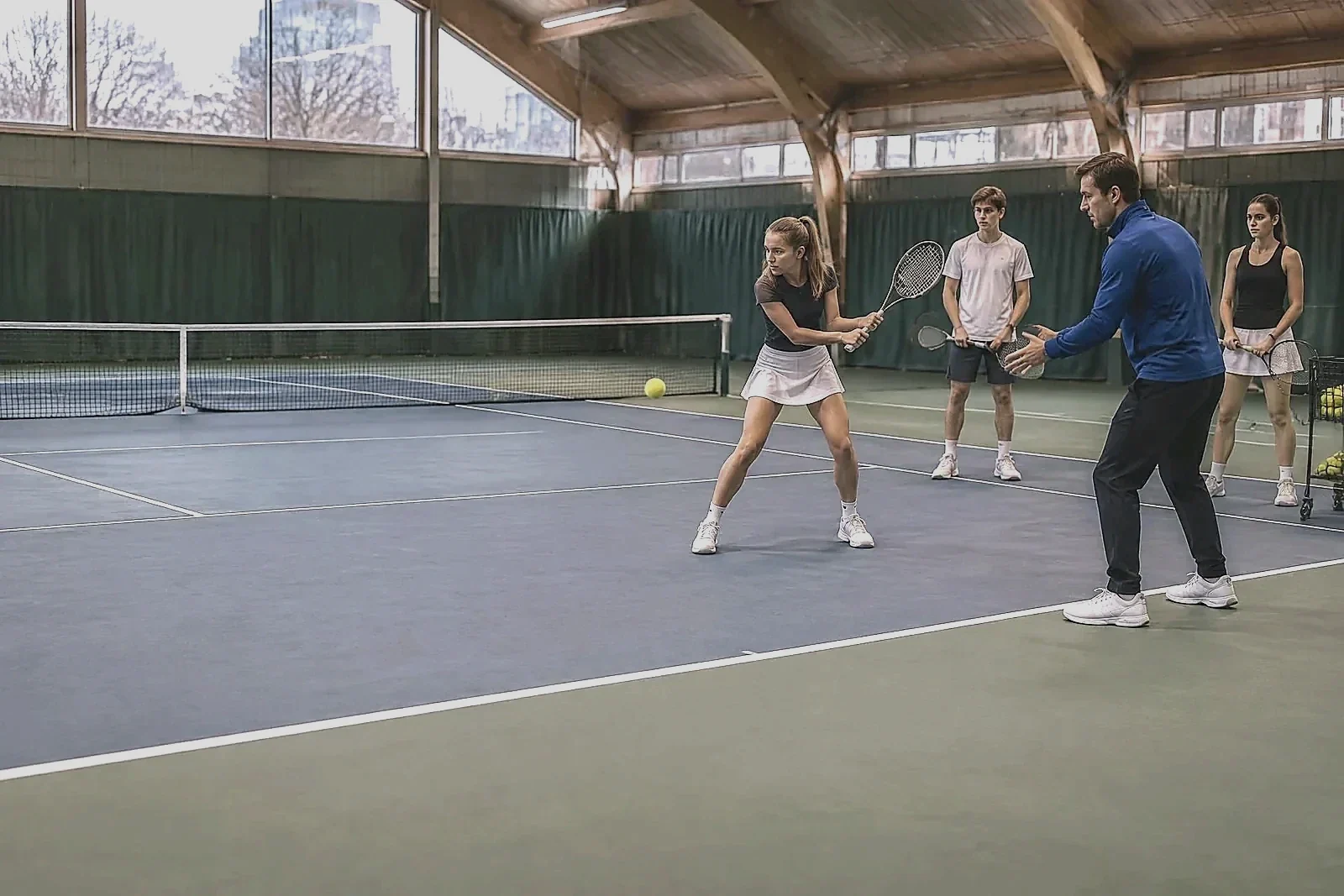 Tennisträning med coach och spelare i en inomhushall i Stockholm